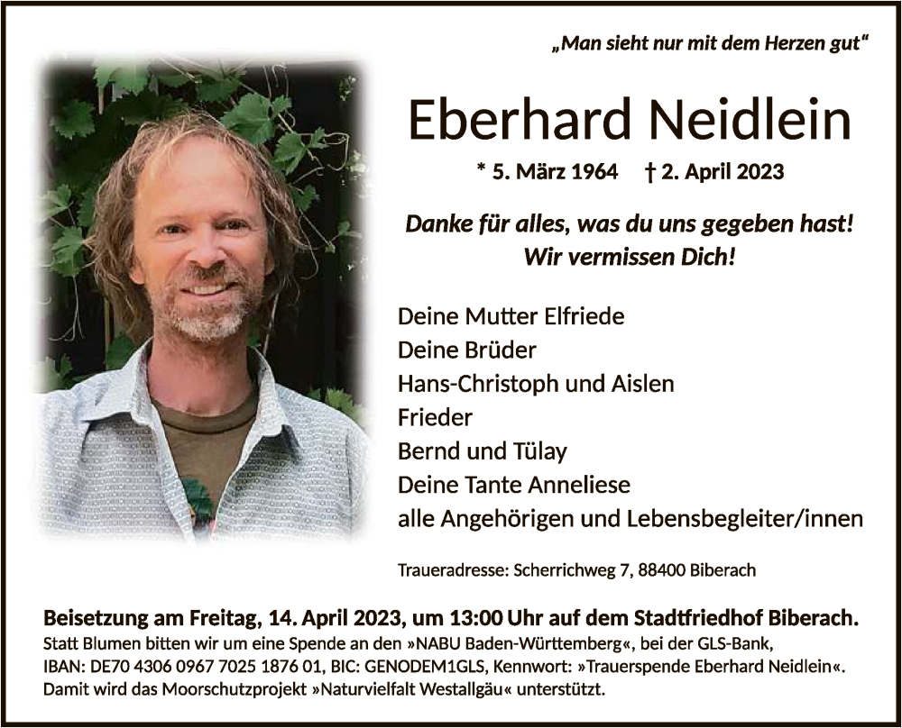  Traueranzeige für Eberhard Neidlein vom 12.04.2023 aus Reutlinger General-Anzeiger