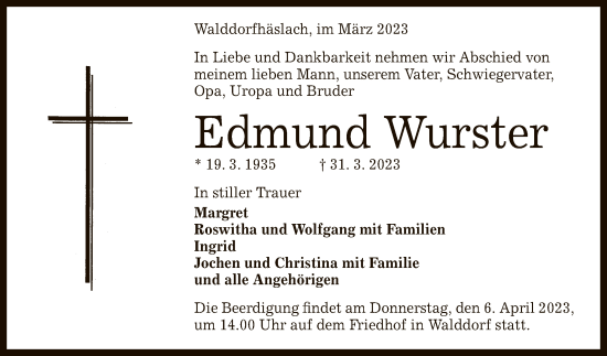 Anzeige von Edmund Wurster von Reutlinger General-Anzeiger