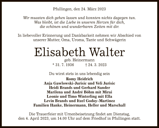 Anzeige von Elisabeth Walter von Reutlinger General-Anzeiger