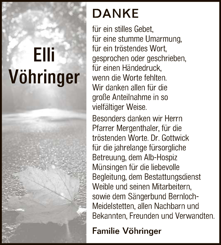  Traueranzeige für Elli Vöhringer vom 08.04.2023 aus Reutlinger General-Anzeiger