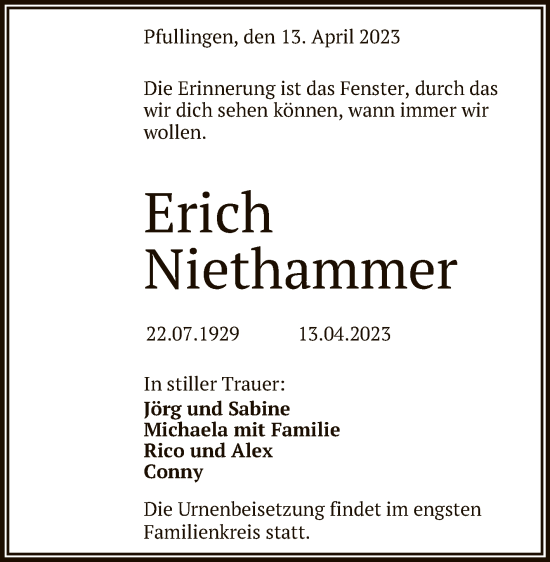 Anzeige von Erich Niethammer von Reutlinger General-Anzeiger