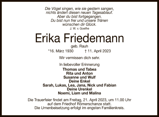 Anzeige von Erika Friedemann von Reutlinger General-Anzeiger