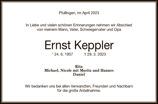 Anzeige von Ernst Keppler von Reutlinger General-Anzeiger
