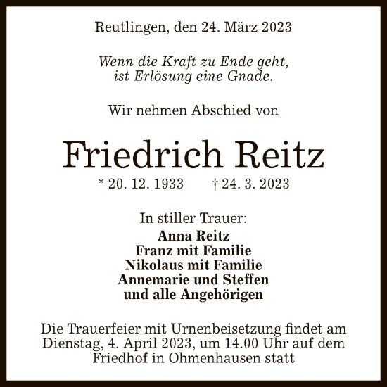 Anzeige von Friedrich Reitz von Reutlinger General-Anzeiger
