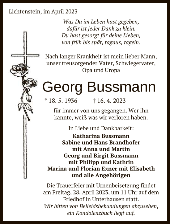 Anzeige von Georg Bussmann von Reutlinger General-Anzeiger