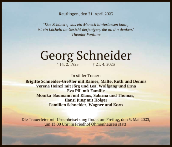 Anzeige von Georg Schneider von Reutlinger General-Anzeiger