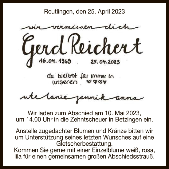 Anzeige von Gerd Reichert von Reutlinger General-Anzeiger