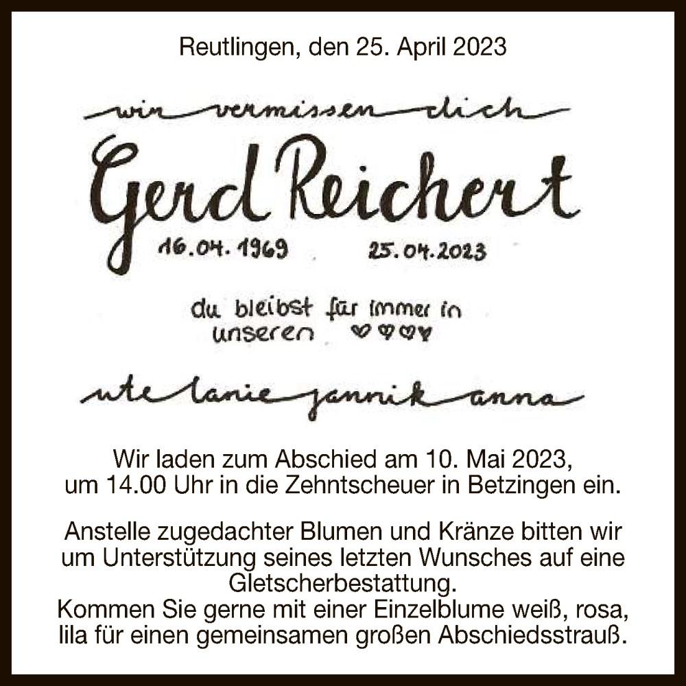  Traueranzeige für Gerd Reichert vom 29.04.2023 aus Reutlinger General-Anzeiger