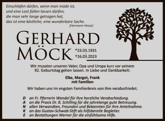 Anzeige von Gerhard Möck von Reutlinger General-Anzeiger