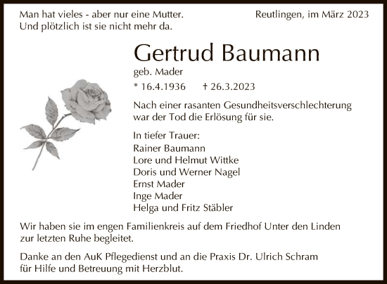 Anzeige von Gertrud Baumann von Reutlinger General-Anzeiger