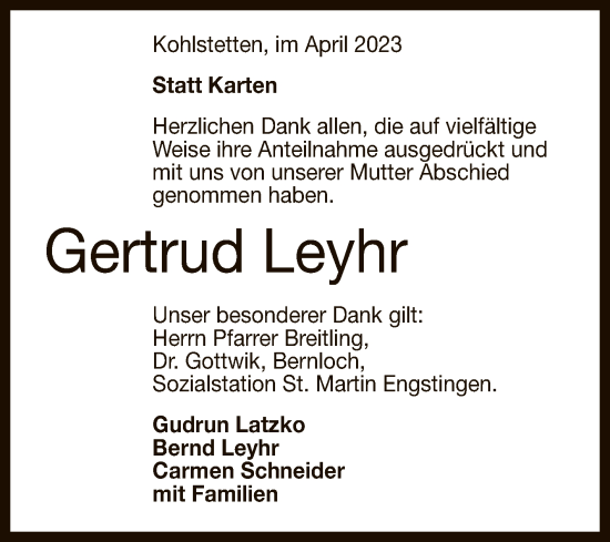 Anzeige von Gertrud Leyhr von Reutlinger General-Anzeiger