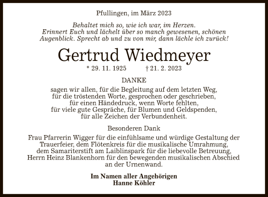 Anzeige von Gertrud Wiedmeyer von Reutlinger General-Anzeiger