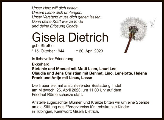 Anzeige von Gisela Dietrich von Reutlinger General-Anzeiger