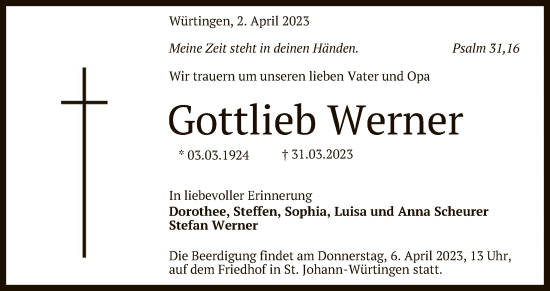 Anzeige von Gottlieb Werner von Reutlinger General-Anzeiger