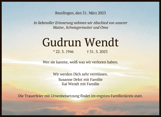 Anzeige von Gudrun Wendt von Reutlinger General-Anzeiger