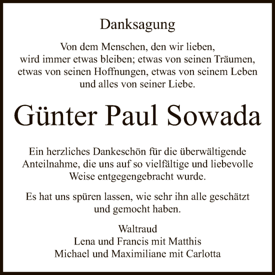 Anzeige von Günter Paul Sowada von Reutlinger General-Anzeiger