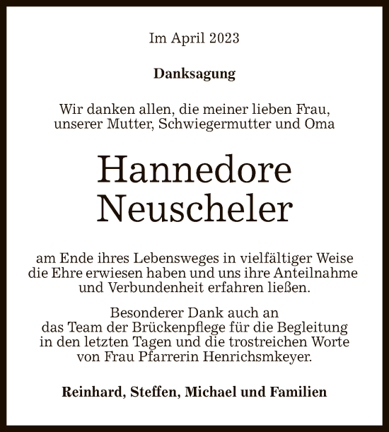 Anzeige von Hannedore Neuscheler von Reutlinger General-Anzeiger