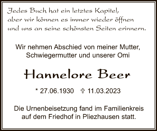 Anzeige von Hannelore Beer von Reutlinger General-Anzeiger