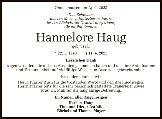 Anzeige von Hannelore Haug von Reutlinger General-Anzeiger