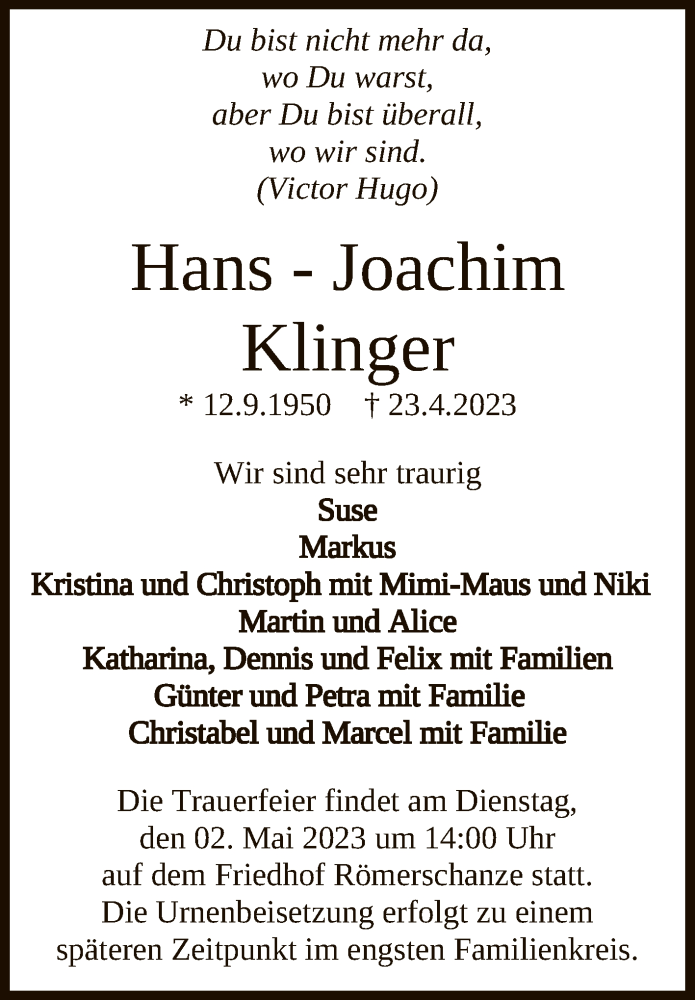  Traueranzeige für Hans-Joachim Klinger vom 27.04.2023 aus Reutlinger General-Anzeiger
