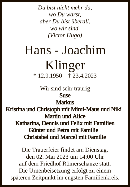 Anzeige von Hans-Joachim Klinger von Reutlinger General-Anzeiger