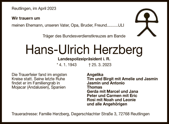 Anzeige von Hans-Ulrich Herzberg von Reutlinger General-Anzeiger