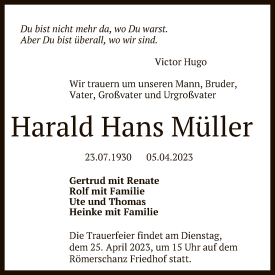 Anzeige von Harald Hans Müller von Reutlinger General-Anzeiger