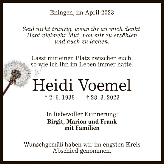 Anzeige von Heidi Voemel von Reutlinger General-Anzeiger