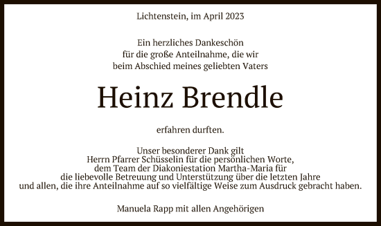 Anzeige von Heinz Brendle von Reutlinger General-Anzeiger