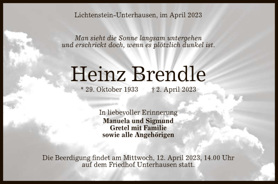 Anzeige von Heinz Brendle von Reutlinger General-Anzeiger