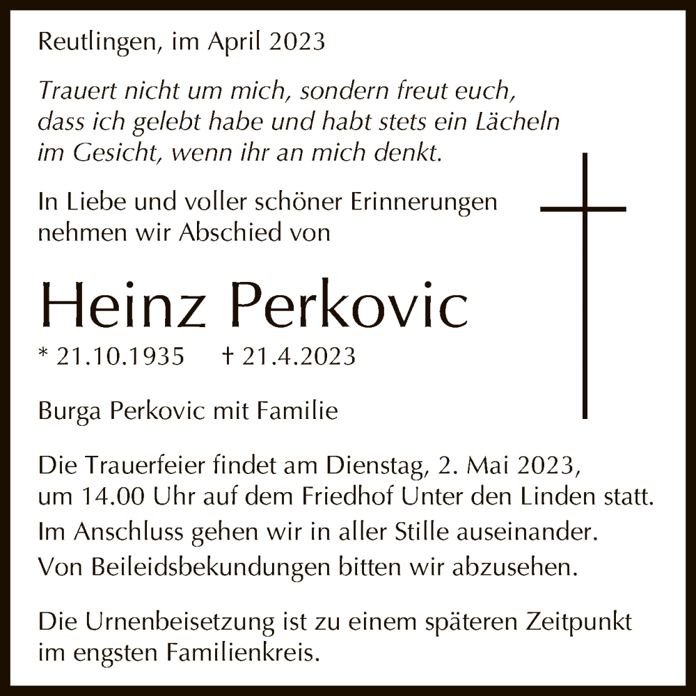  Traueranzeige für Heinz Perkovic vom 26.04.2023 aus Reutlinger General-Anzeiger