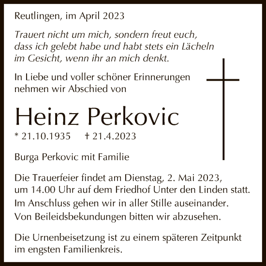 Anzeige von Heinz Perkovic von Reutlinger General-Anzeiger