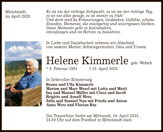 Anzeige von Helene Kimmerle von Reutlinger General-Anzeiger