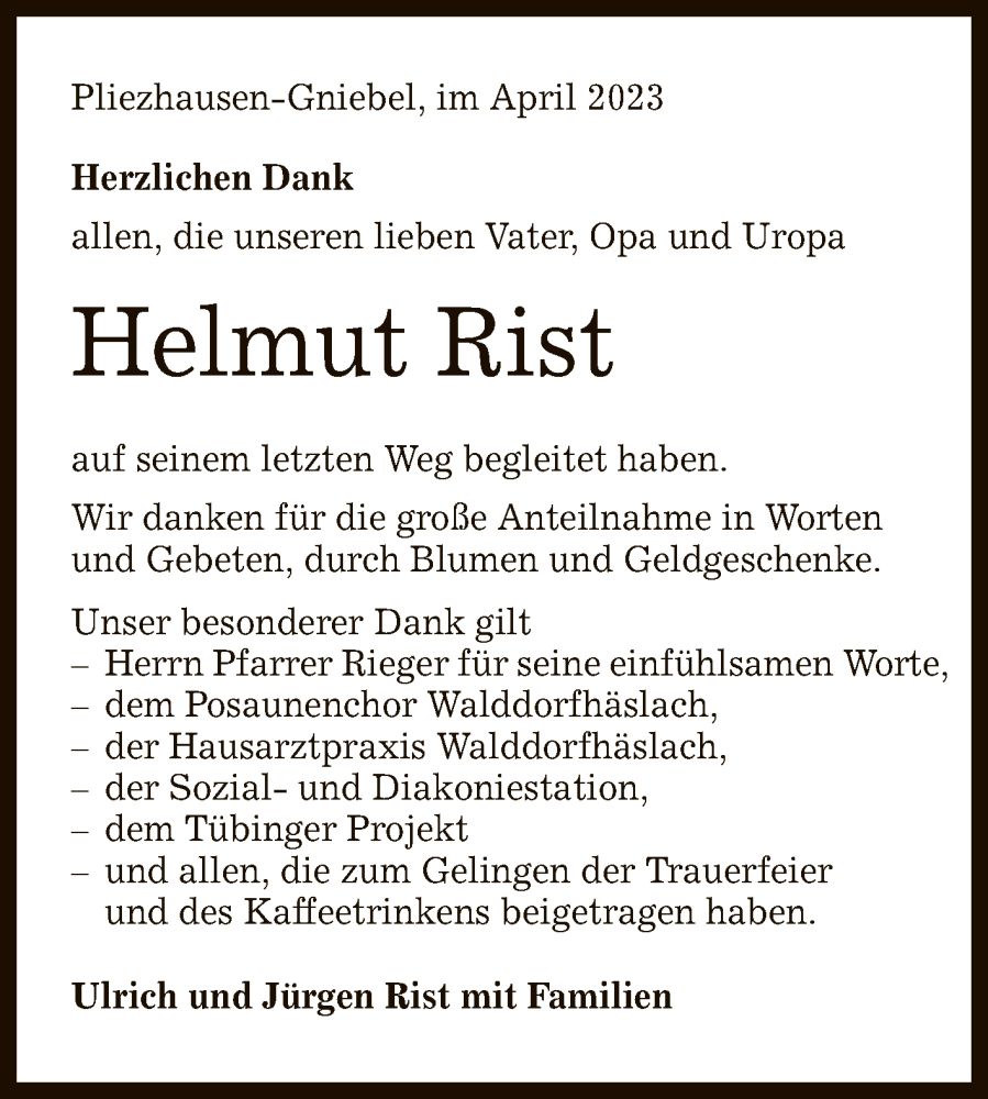  Traueranzeige für Helmut Rist vom 06.04.2023 aus Reutlinger General-Anzeiger