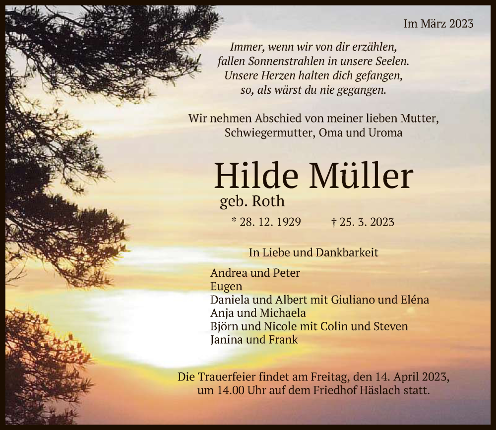  Traueranzeige für Hilde Müller vom 01.04.2023 aus Reutlinger General-Anzeiger