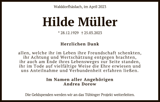 Anzeige von Hilde Müller von Reutlinger General-Anzeiger