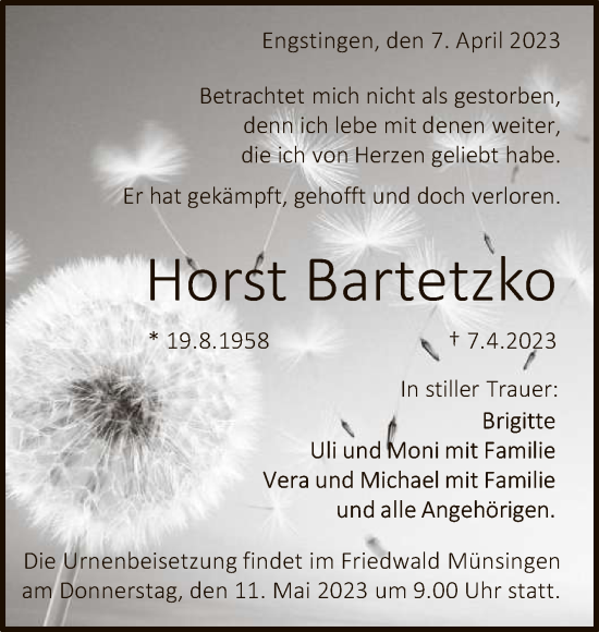 Anzeige von Horst Bartetzko von Reutlinger General-Anzeiger