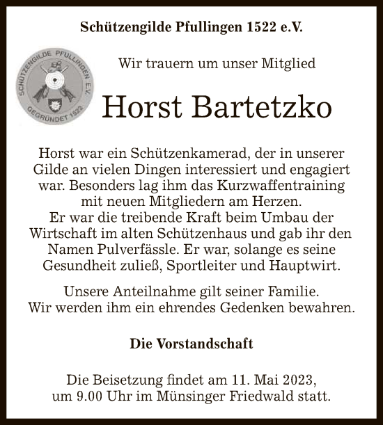 Anzeige von Horst Bartetzko von Reutlinger General-Anzeiger