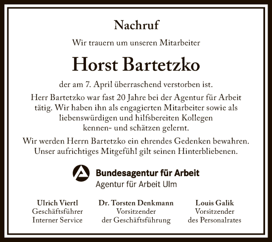 Anzeige von Horst Bartetzko von Reutlinger General-Anzeiger