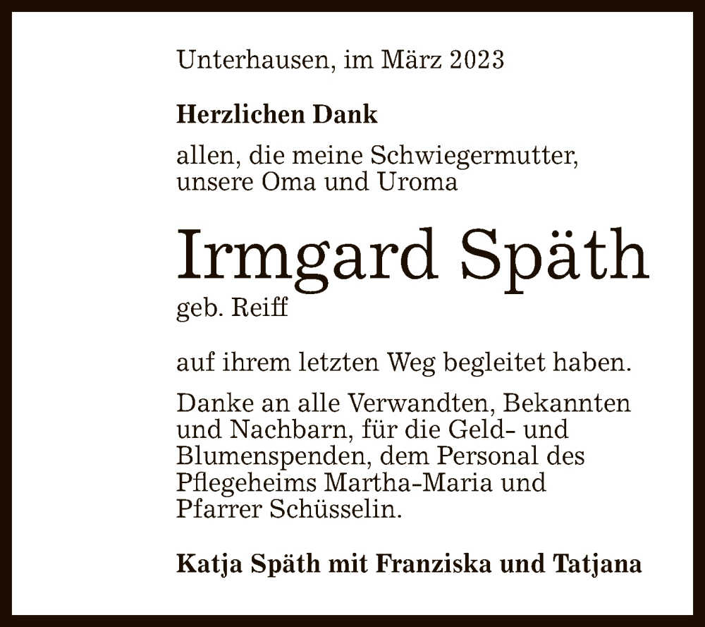  Traueranzeige für Irmgard Späth vom 01.04.2023 aus Reutlinger General-Anzeiger