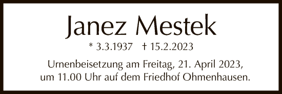 Anzeige von Janez Mestek von Reutlinger General-Anzeiger