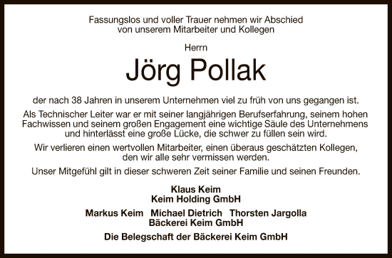 Anzeige von Jörg Pollak von Reutlinger General-Anzeiger
