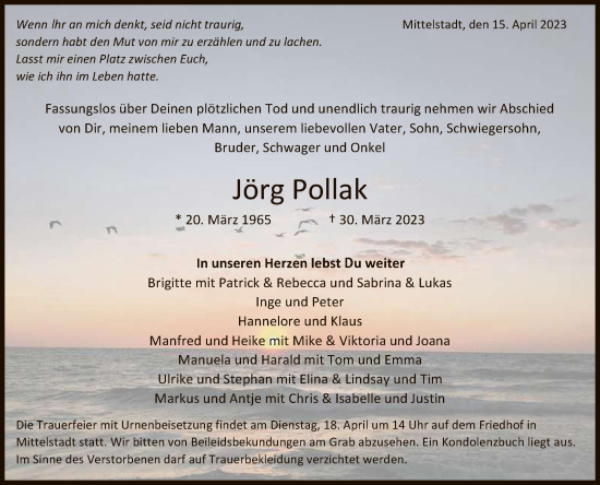 Anzeige von Jörg Pollak von Reutlinger General-Anzeiger