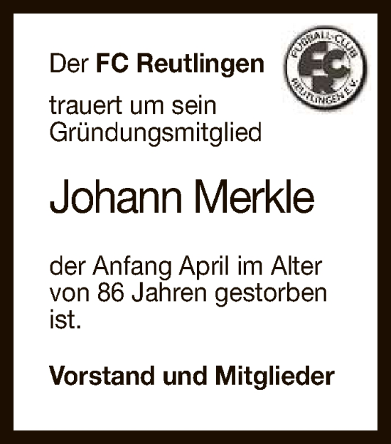 Anzeige von Johann Merkle von Reutlinger General-Anzeiger