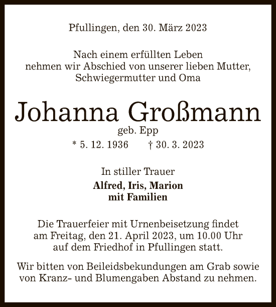 Anzeige von Johanna Großmann von Reutlinger General-Anzeiger