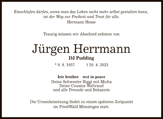 Anzeige von Jürgen Herrmann von Reutlinger General-Anzeiger