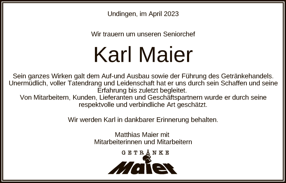 Traueranzeige für Karl Maier vom 19.04.2023 aus Reutlinger General-Anzeiger