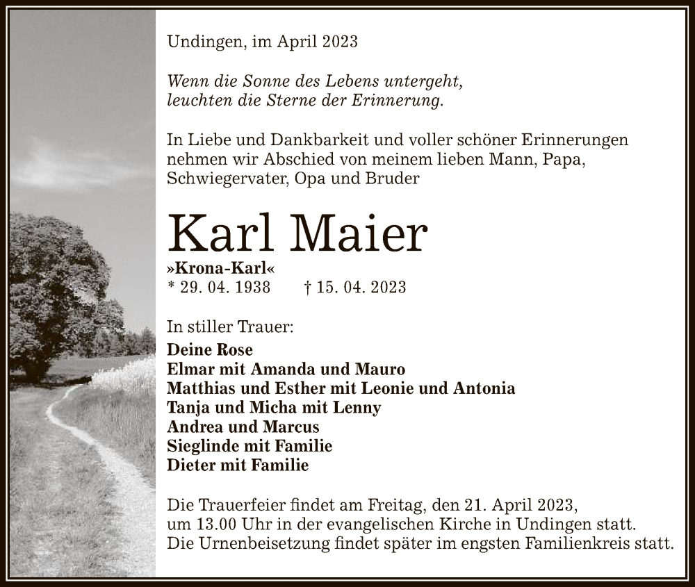  Traueranzeige für Karl Maier vom 19.04.2023 aus Reutlinger General-Anzeiger