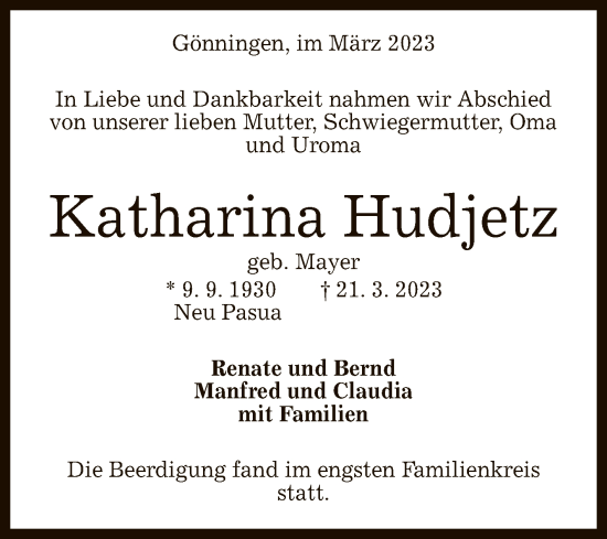 Anzeige von Katharina Hudjetz von Reutlinger General-Anzeiger