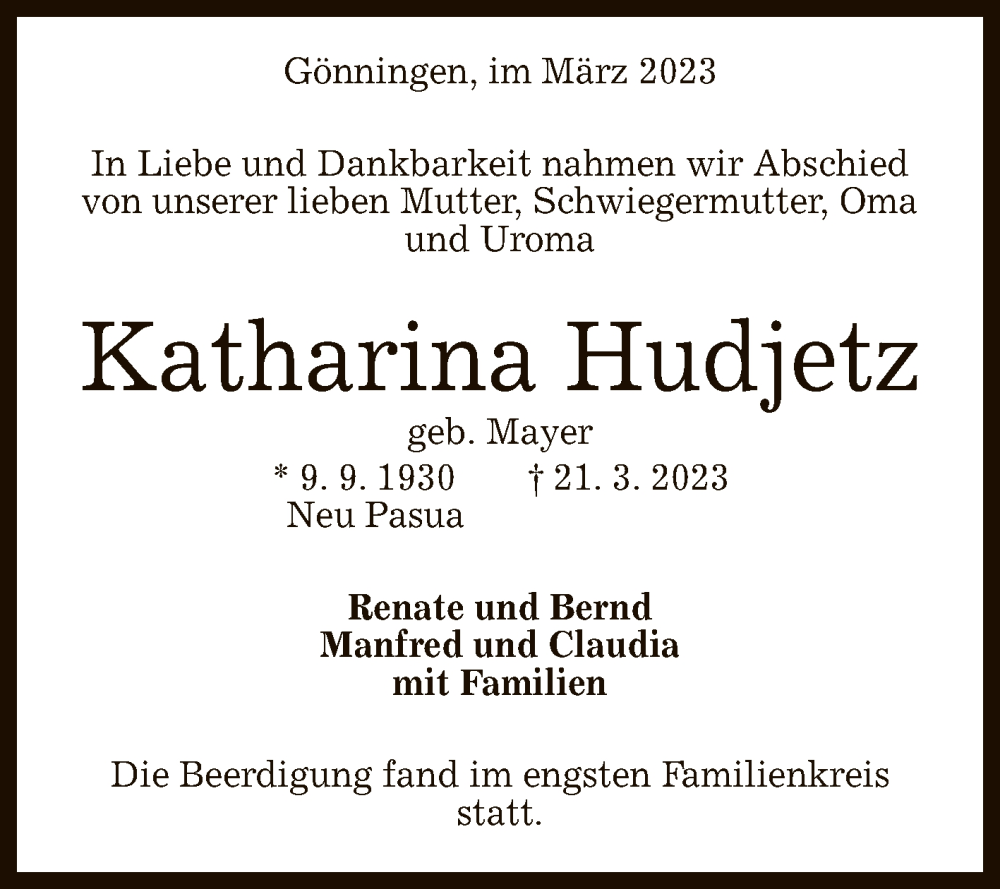  Traueranzeige für Katharina Hudjetz vom 13.04.2023 aus Reutlinger General-Anzeiger